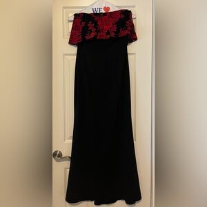 Badgley Mischka strapless gown with red floral detail